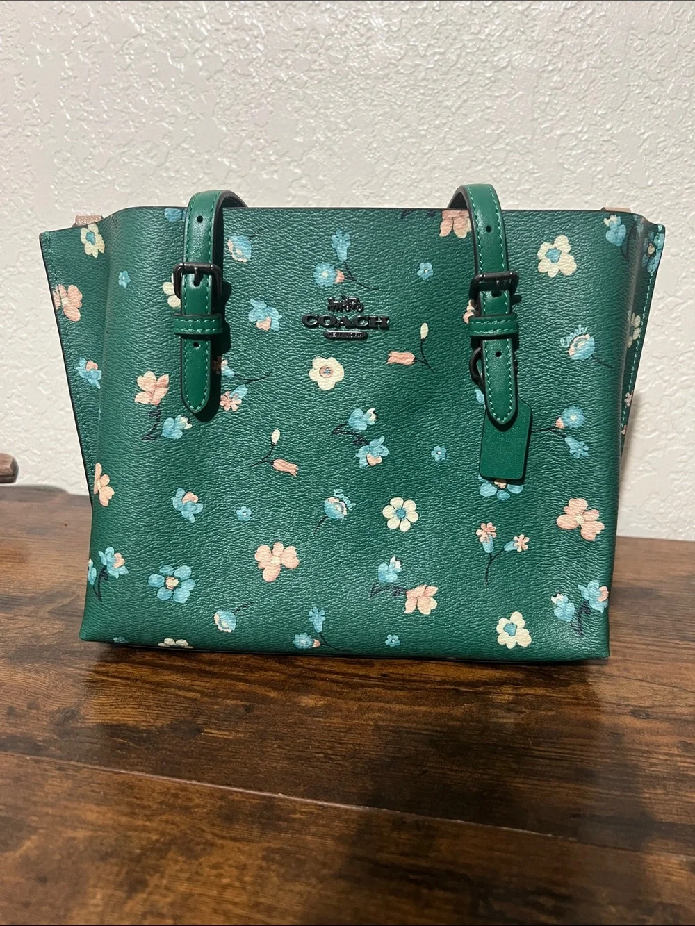 Beautiful Coach Green Floral Shoulder Tote with Pink & Blue Flowers